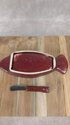 Beurrier vintage en céramique rouge + couteau assorti