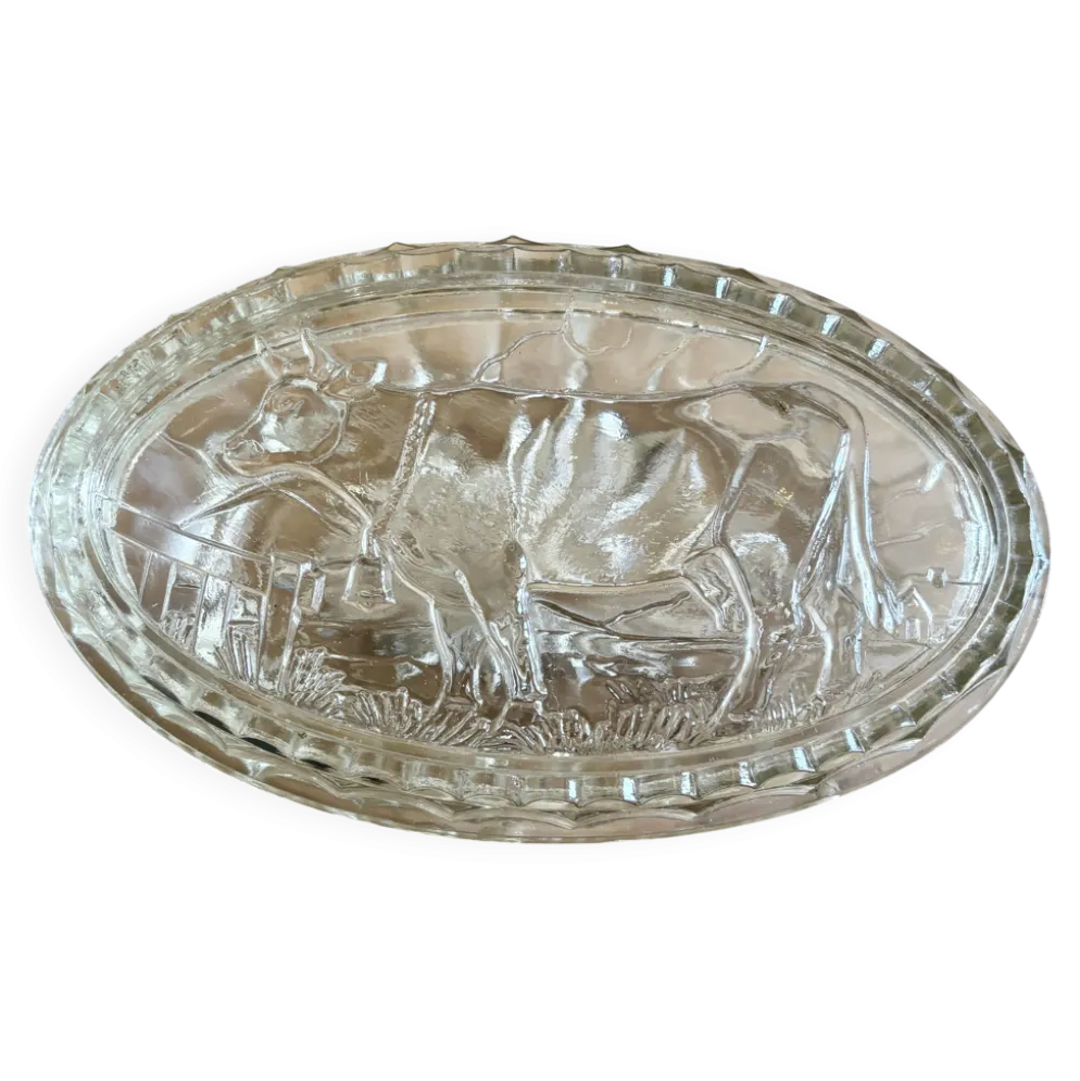 Beurrier vintage en verre à décor de vache