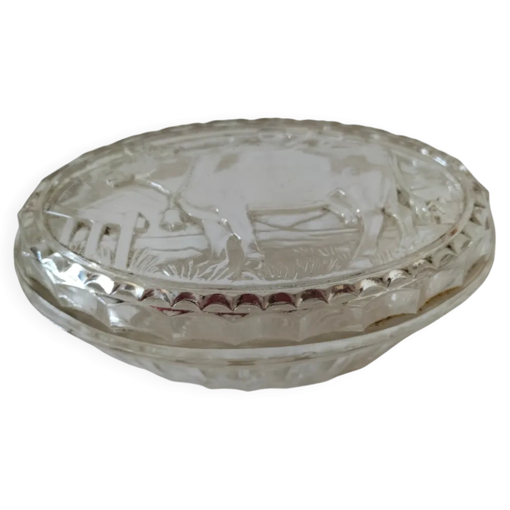 Beurrier vintage en verre pressé décor vache
