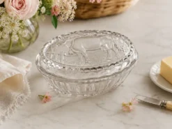 Beurrier vintage en verre pressé décor vache