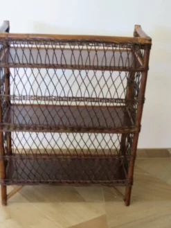 Bibliothèque - Bibus-3 niveaux-rotin tressé -bambou-Vintage-années 70