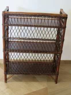 Bibliothèque - Bibus-3 niveaux-rotin tressé -bambou-Vintage-années 70