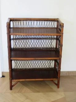 Bibliothèque - Bibus-3 niveaux-rotin tressé -bambou-Vintage-années 70