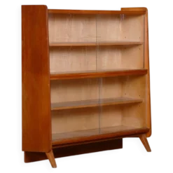 Bibliothèque de style mid-century en chêne avec portes en verre, années 1950