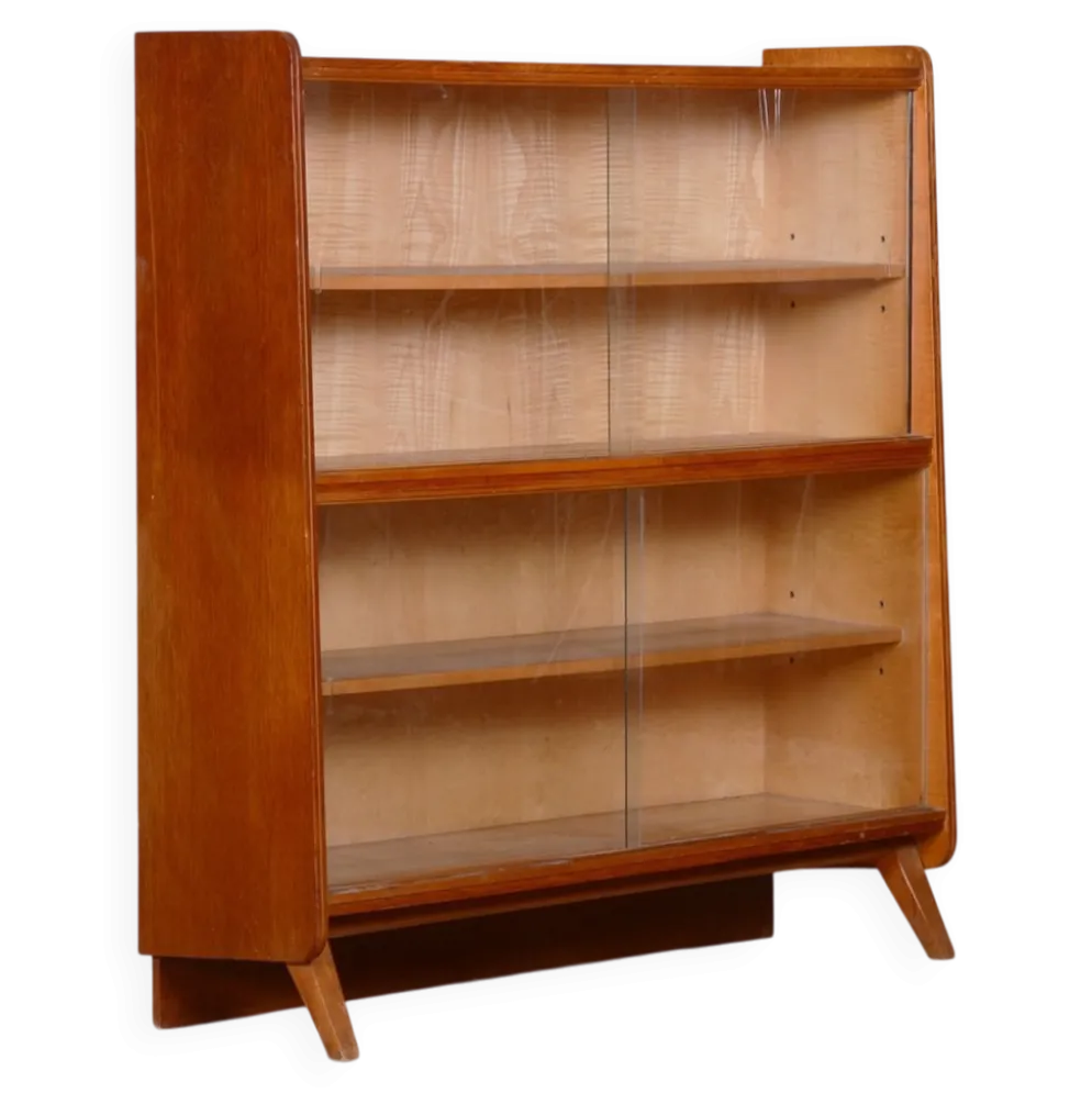 Bibliothèque de style mid-century en chêne avec portes en verre, années 1950