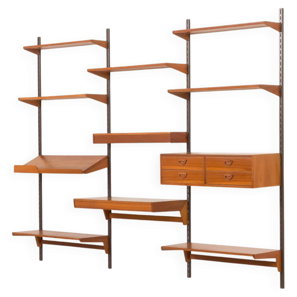 Bibliothèque en teck de Kai Kristiansen avec un bureau et une lampe, FM Mobler, années 1960.