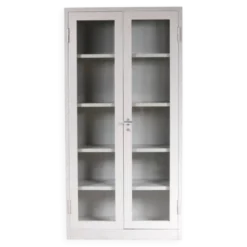 Bibliothèque industrielle des années 1960 en métal gris avec des portes en verre.