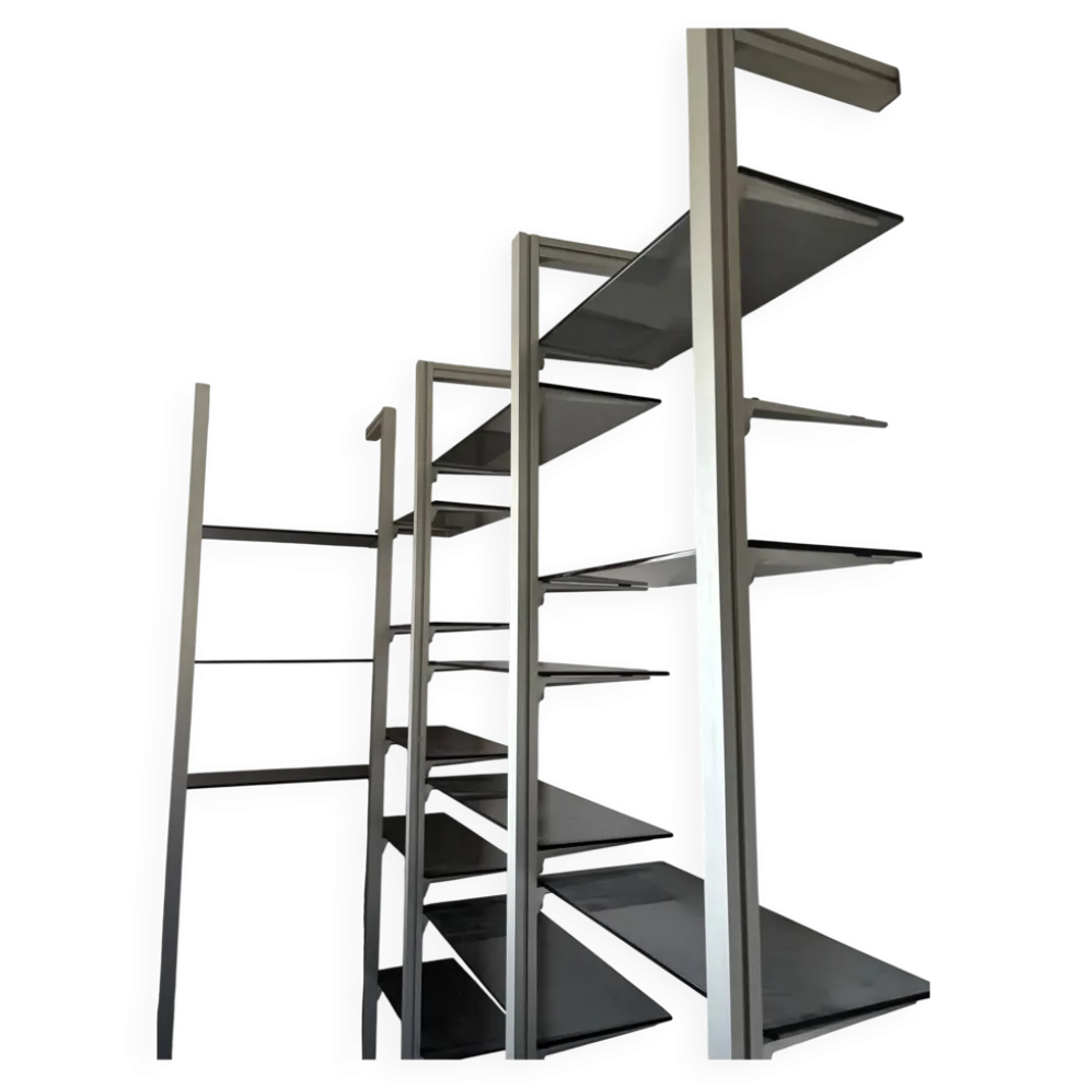 Bibliothèque modulaire TECHNAL vintage 1975 aluminium et verre fumé