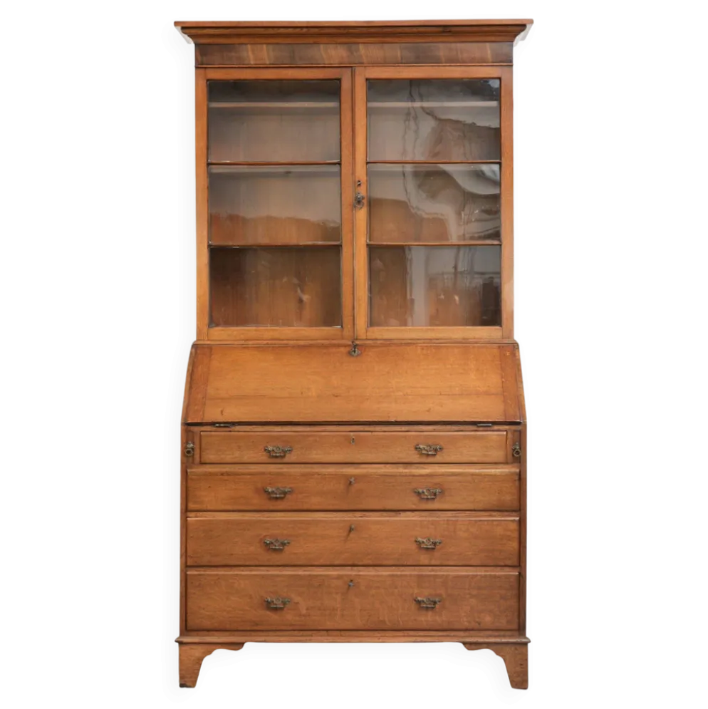 Bibliothèque/secrétaire en chêne anglais antique du XVIIIe siècle avec verre d'origine.