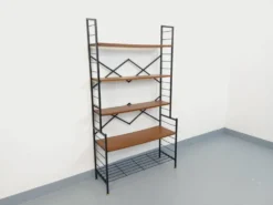 Bibliothèque étagère italienne vintage en teck et métal des années 60