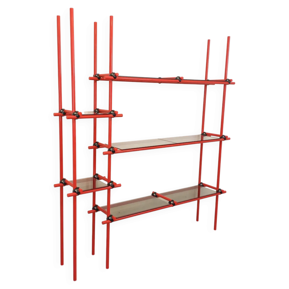 Bibliothèque étagère italienne style Bauhaus vintage en métal rouge