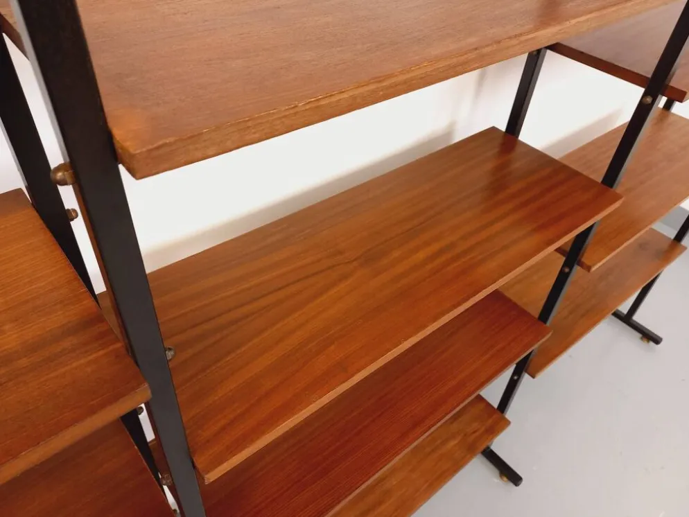 Bibliothèque étagère italienne triple modulable vintage en teck et métal