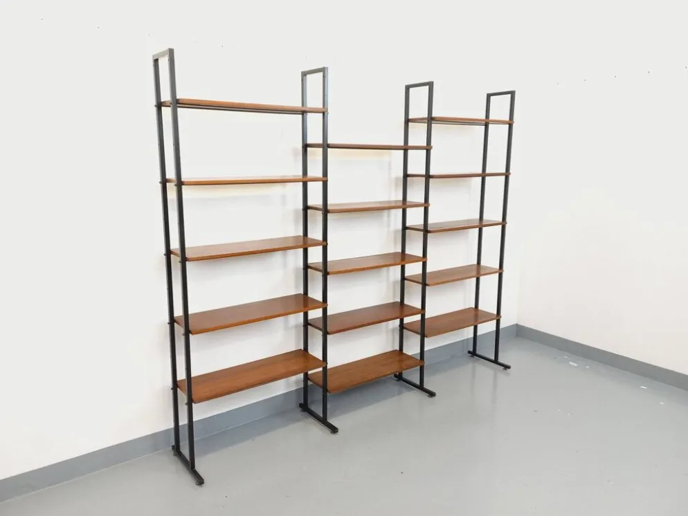 Bibliothèque étagère italienne triple modulable vintage en teck et métal