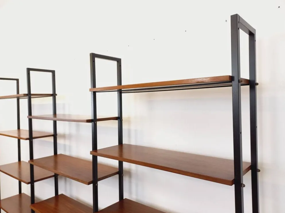 Bibliothèque étagère italienne triple modulable vintage en teck et métal