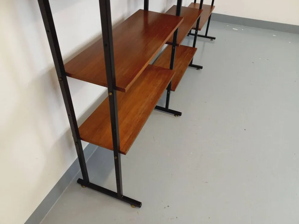 Bibliothèque étagère italienne triple modulable vintage en teck et métal