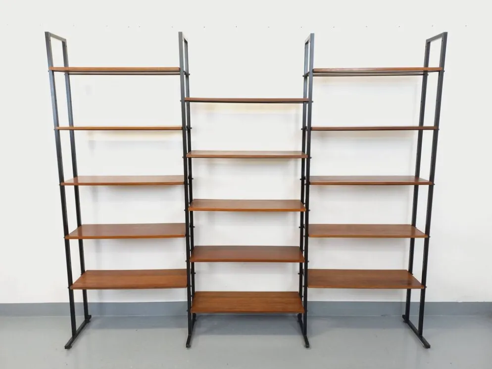 Bibliothèque étagère italienne triple modulable vintage en teck et métal