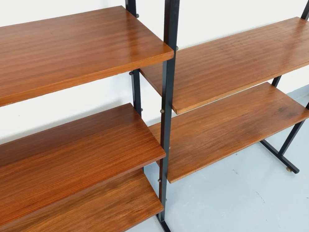 Bibliothèque étagère italienne triple modulable vintage en teck et métal