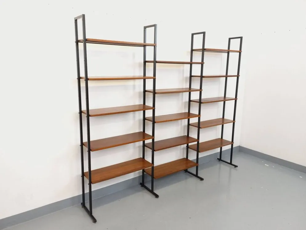 Bibliothèque étagère italienne triple modulable vintage en teck et métal