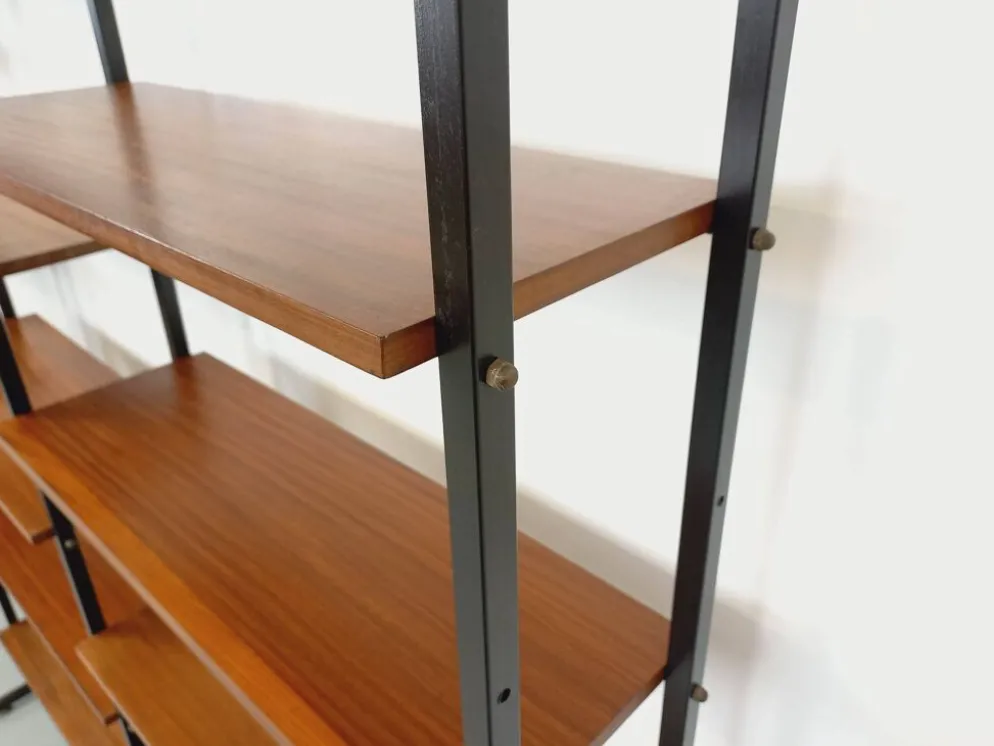 Bibliothèque étagère italienne triple modulable vintage en teck et métal