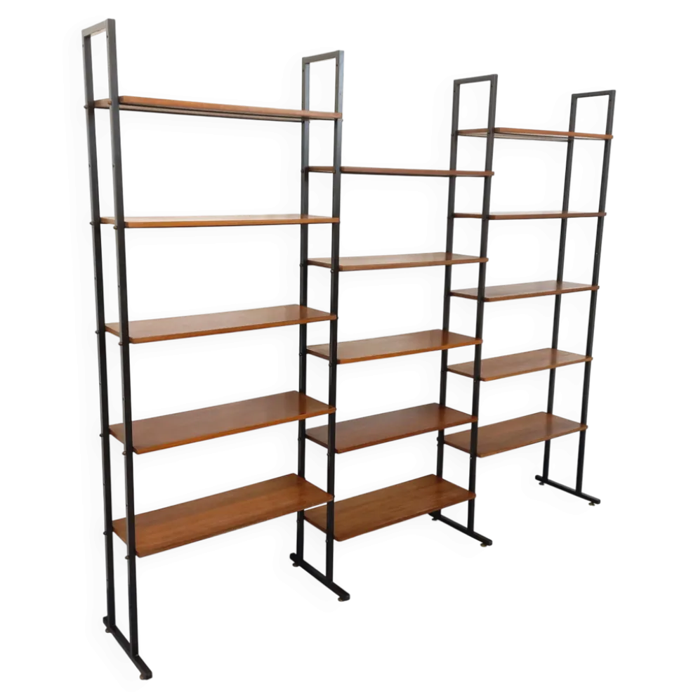 Bibliothèque étagère italienne triple modulable vintage en teck et métal