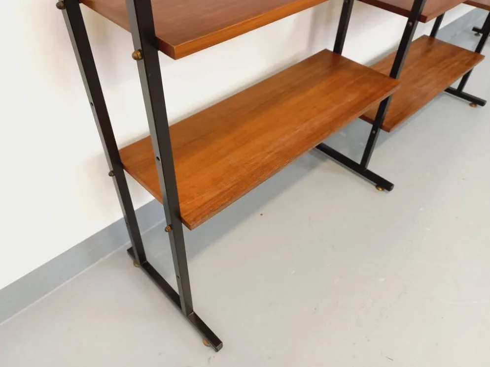 Bibliothèque étagère italienne triple modulable vintage en teck et métal