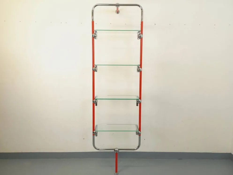 Bibliothèque étagère modulable style Bauhaus vintage en métal rouge, chrome