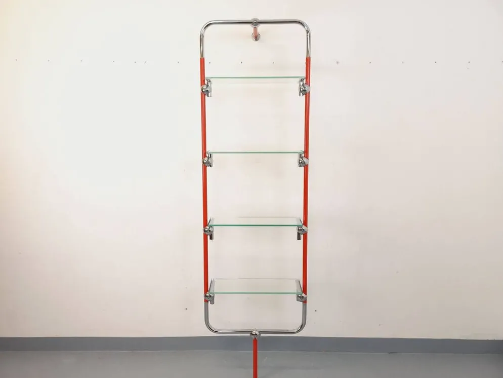 Bibliothèque étagère modulable style Bauhaus vintage en métal rouge, chrome