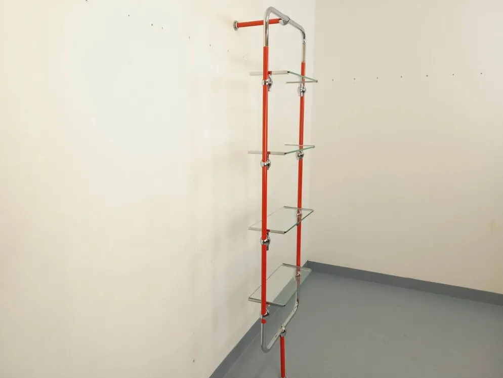 Bibliothèque étagère modulable style Bauhaus vintage en métal rouge, chrome