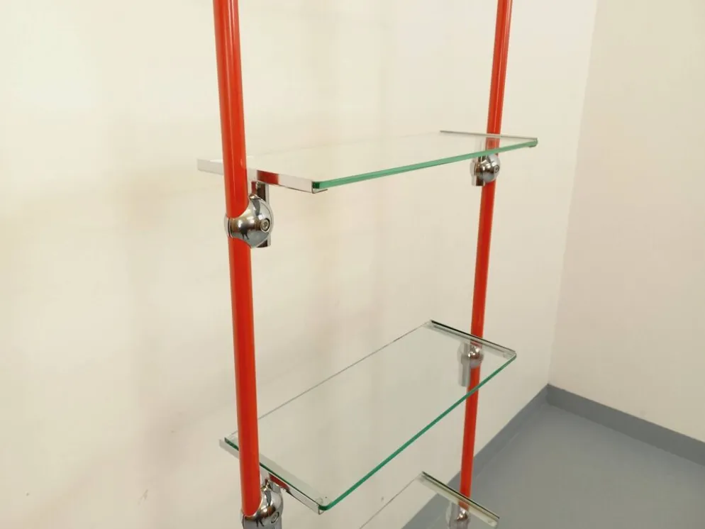 Bibliothèque étagère modulable style Bauhaus vintage en métal rouge, chrome