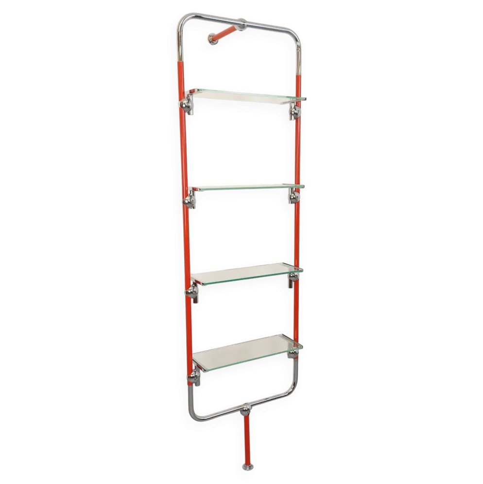 Bibliothèque étagère modulable style Bauhaus vintage en métal rouge, chrome