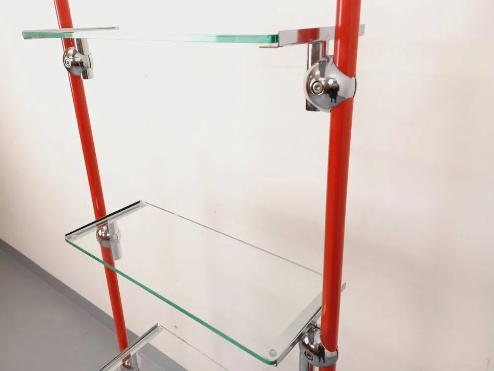 Bibliothèque étagère modulable style Bauhaus vintage en métal rouge, chrome