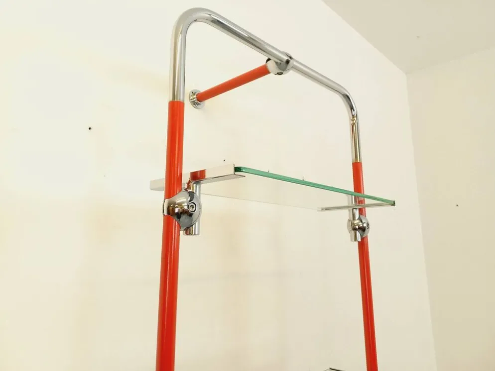 Bibliothèque étagère modulable style Bauhaus vintage en métal rouge, chrome