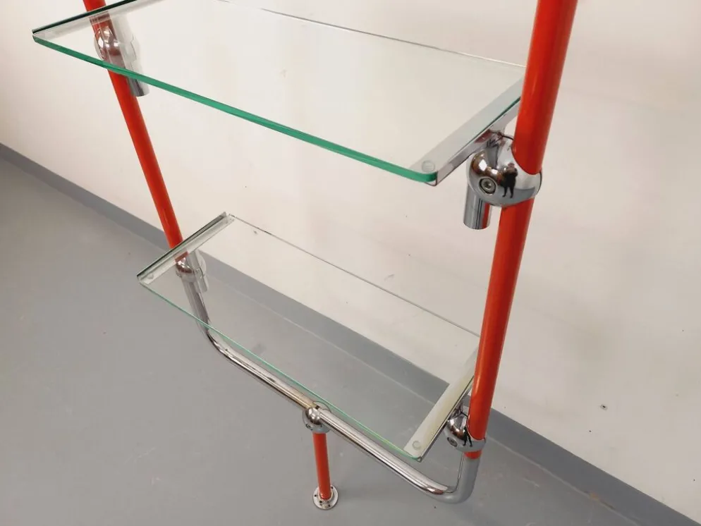 Bibliothèque étagère modulable style Bauhaus vintage en métal rouge, chrome