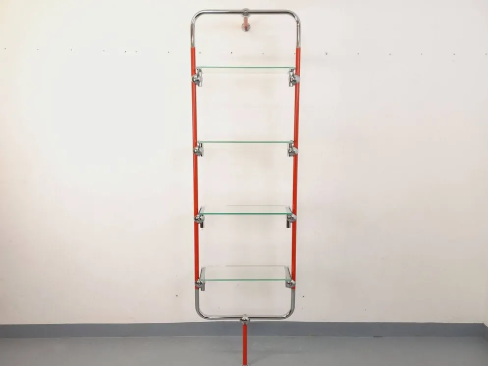 Bibliothèque étagère modulable style Bauhaus vintage en métal rouge, chrome