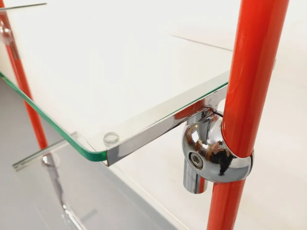 Bibliothèque étagère modulable style Bauhaus vintage en métal rouge, chrome