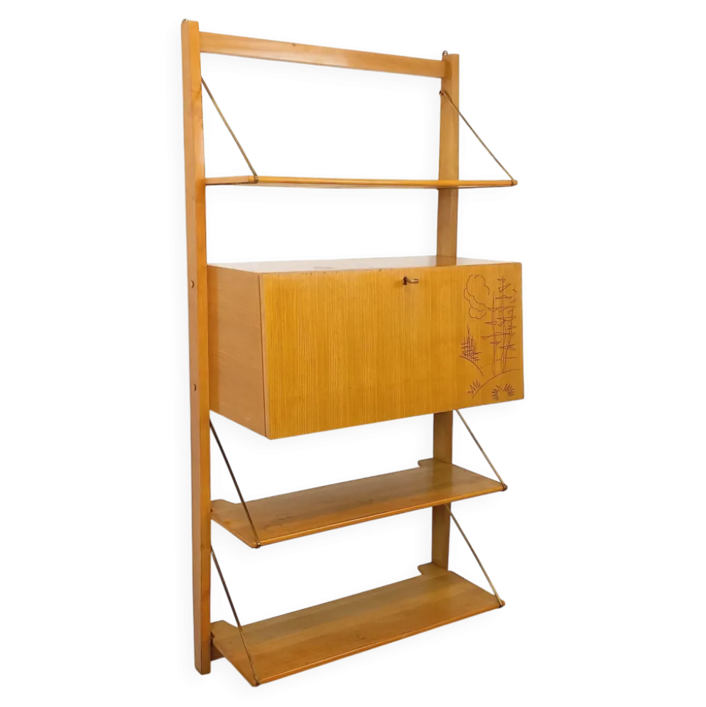 Bibliothèque étagère murale avec secrétaire bar vintage en bois clair
