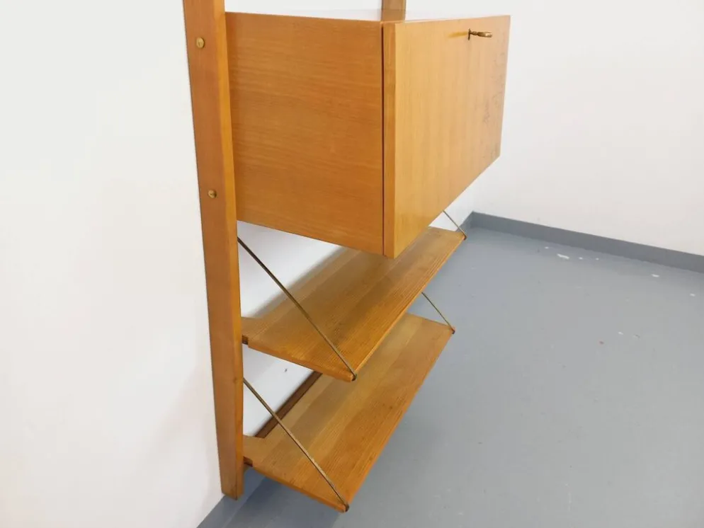Bibliothèque étagère murale avec secrétaire bar vintage en bois clair