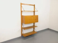 Bibliothèque étagère murale avec secrétaire bar vintage en bois clair