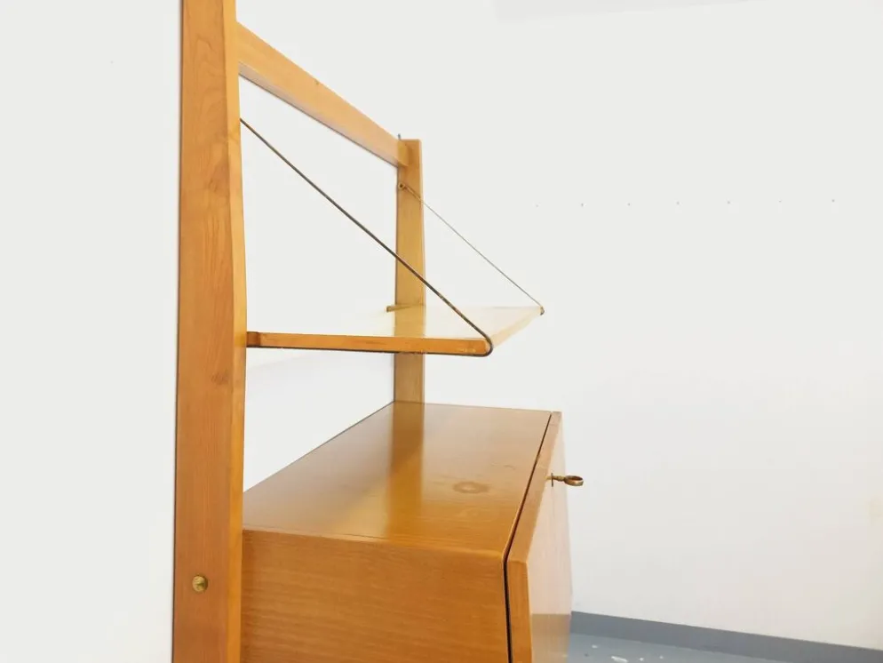 Bibliothèque étagère murale avec secrétaire bar vintage en bois clair