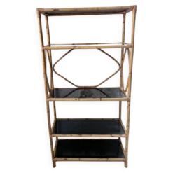 Bibliothèque étagère rotin et verres noirs