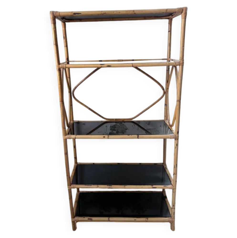 Bibliothèque étagère rotin et verres noirs