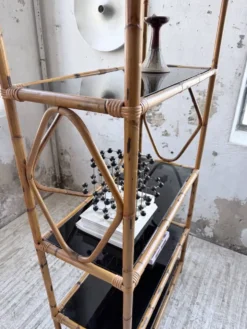 Bibliothèque étagère rotin et verres noirs