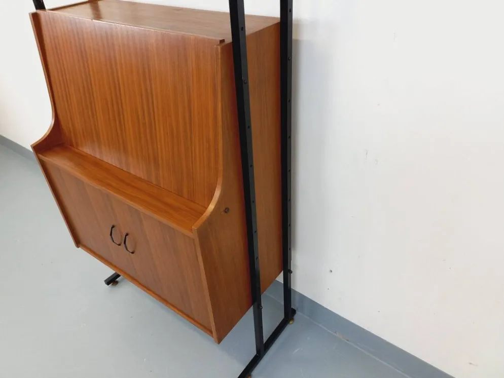 Bibliothèque étagère secrétaire modulable vintage en teck et métal