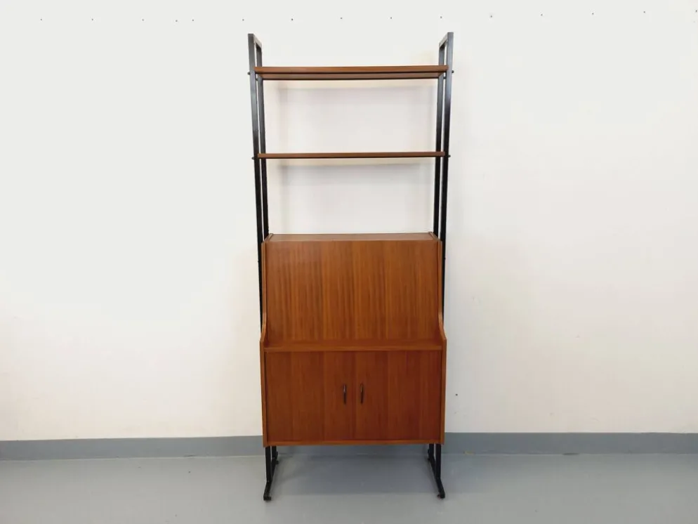 Bibliothèque étagère secrétaire modulable vintage en teck et métal