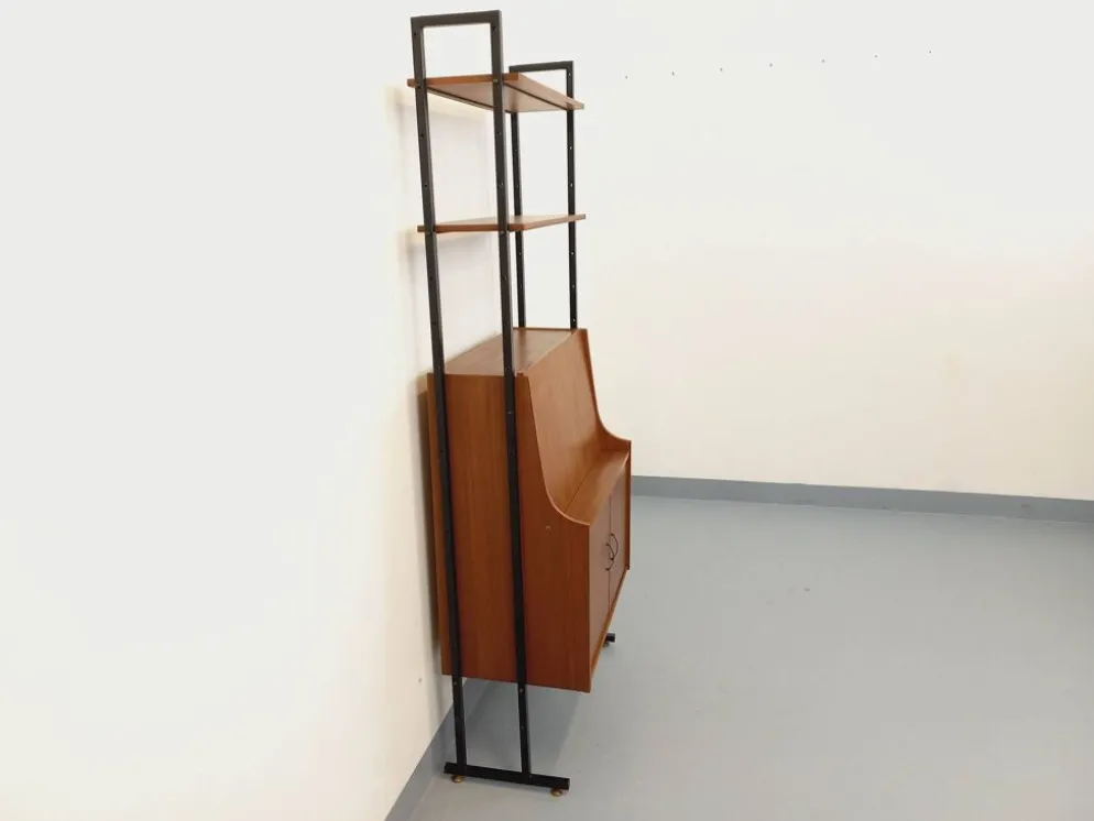 Bibliothèque étagère secrétaire modulable vintage en teck et métal