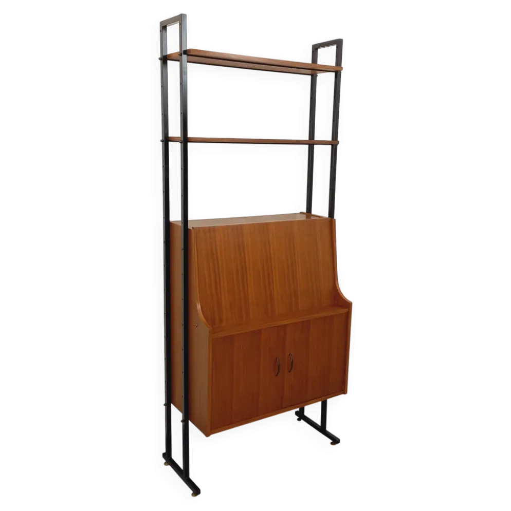 Bibliothèque étagère secrétaire modulable vintage en teck et métal