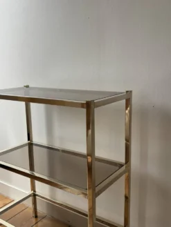 Bibliothèque étagères en laiton et verre fumé