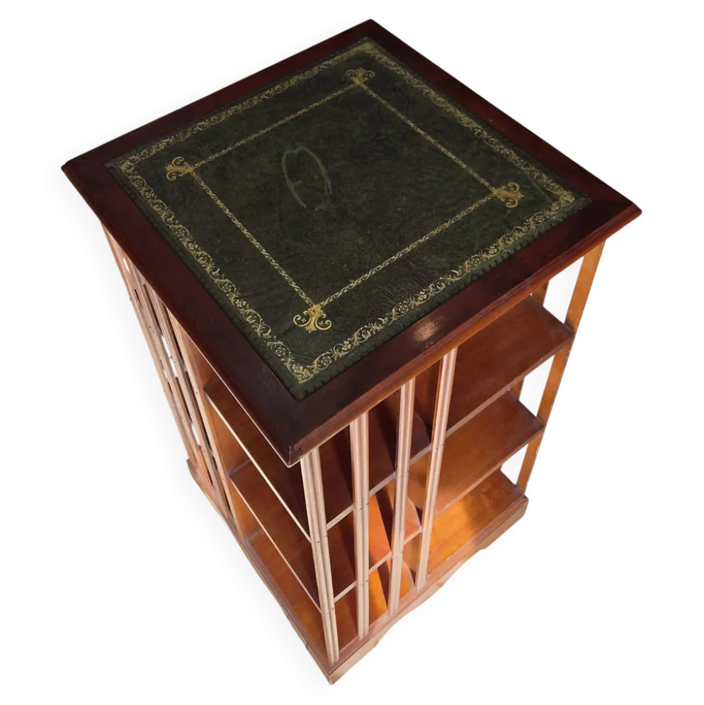 Bibliothèque tournante de style anglais - Plateau cuir vert doré