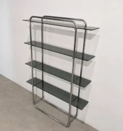 Bibliothèque vintage en chrome et verre fumé – Années 1970