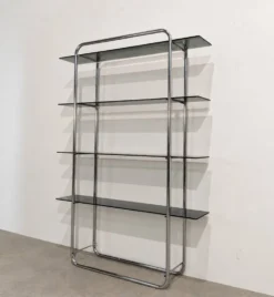 Bibliothèque vintage en chrome et verre fumé – Années 1970